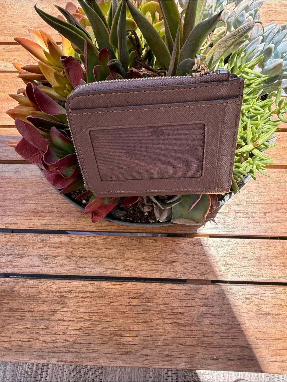 kate spade brown leather zip card wallet with gold logo